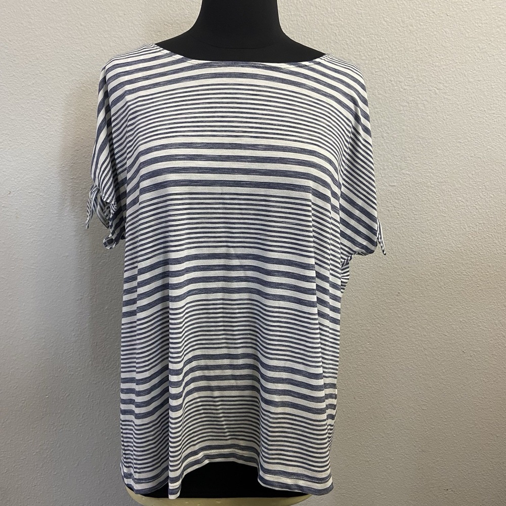 Max Studio 1X  Blue /White Striped Knit‎ Top w/ Tie Short Sleeve  NWT Plus